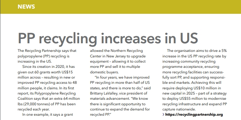PP recycling increases in US